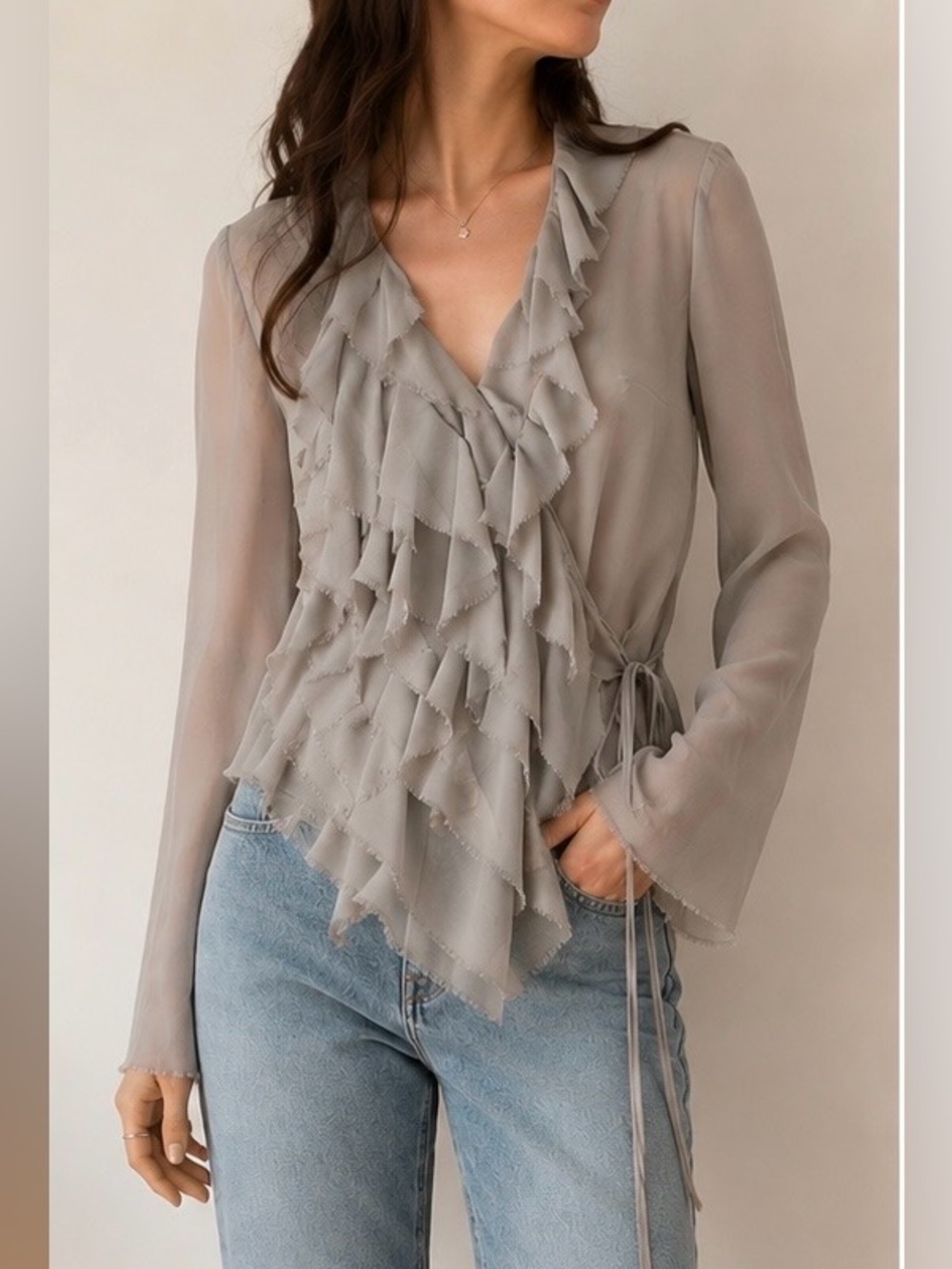 BCN First Sheer Ruffle Wrap Blouse Gray Taupe EU 38 US 4-6